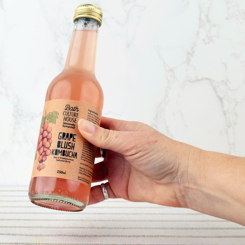 Hand holding a bottle of Grape Blush Kombucha against a light background