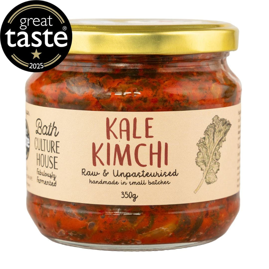 Jar of Kale Kimchi with a 'Great Taste' award logo on a white background