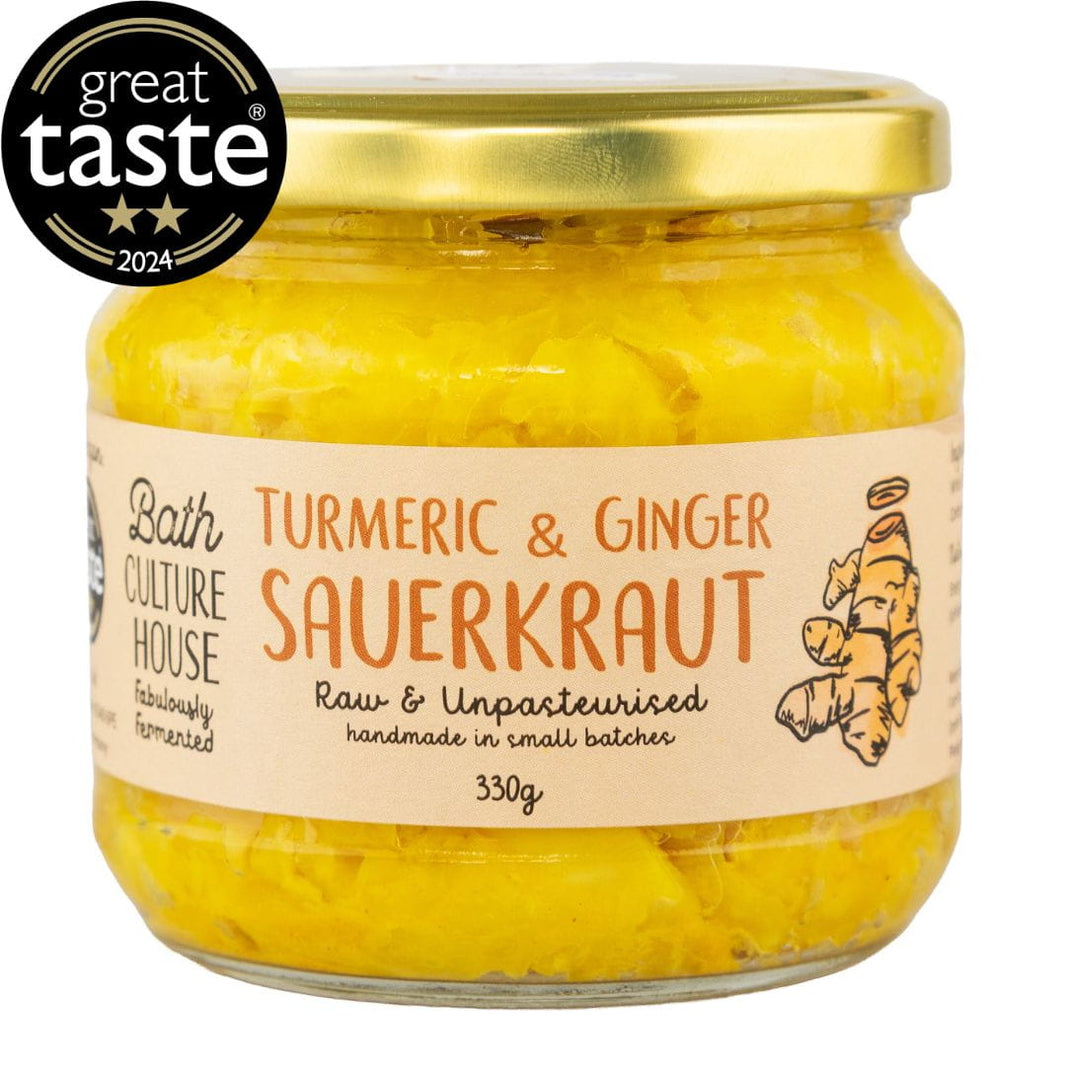Turmeric and ginger sauerkraut by Bath Culture House on a white background