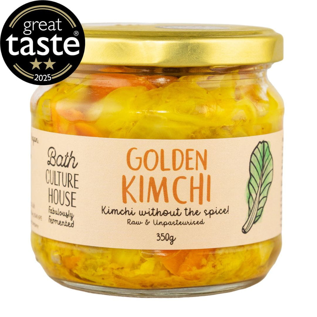 Jar of Golden Kimchi with a 'Great Taste' award logo on a white background