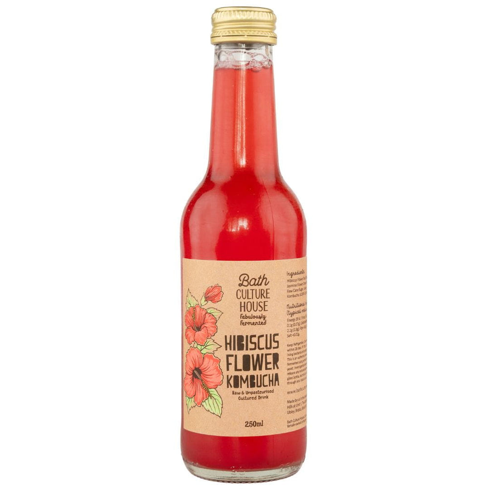Bottle of hibisus kombucha by Bath Culture House on white background