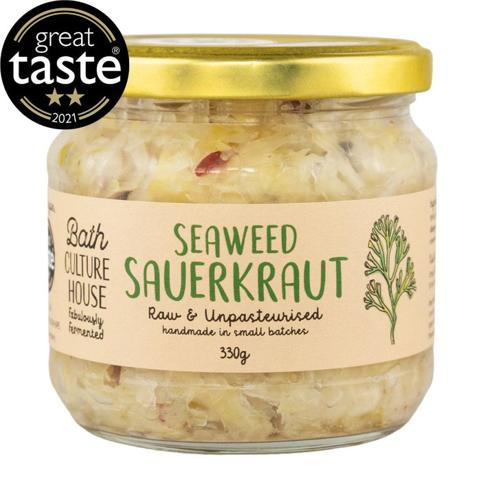 Jar of seaweed sauerkraut with a gold lid and 'Great Taste' award badge on a white background