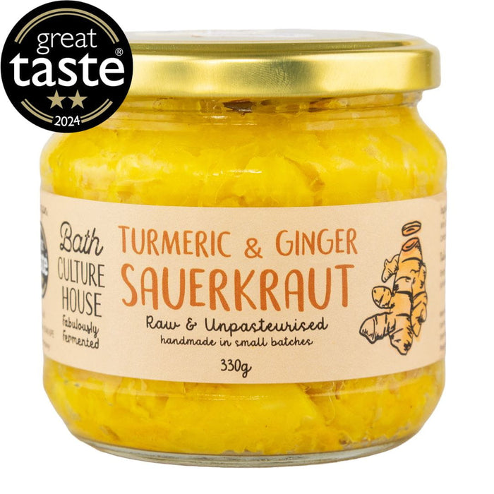 Turmeric and ginger sauerkraut by Bath Culture House on a white background
