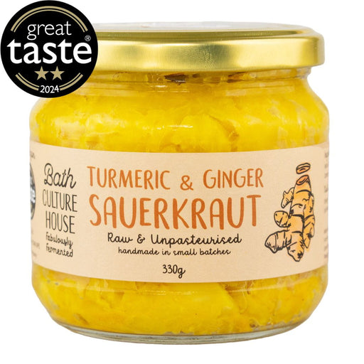 Turmeric and ginger sauerkraut by Bath Culture House on a white background